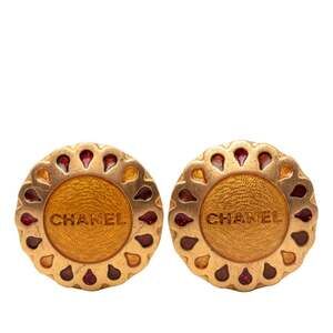 CHANEL Logo Flower Motif Earrings, Gold and Red Plated, Women's